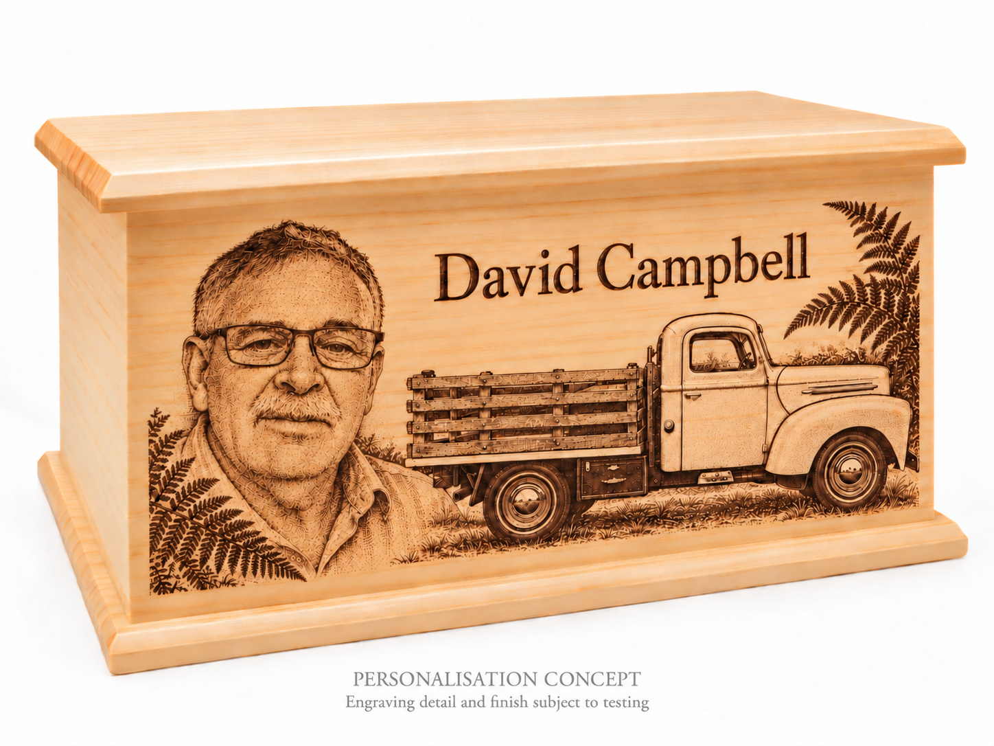 David Campbell concept: his portrait and name beside a vintage truck and ferns, shown as dark engraving on a natural pine urn. No dates are included. Concept only; engraving detail and finish are subject to testing.