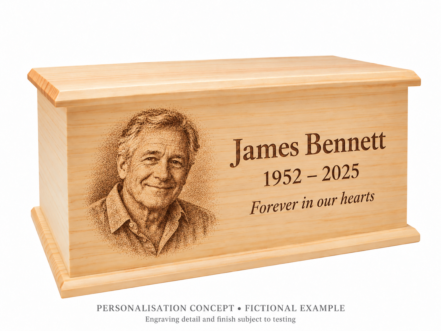 Fictional James Bennett concept: a portrait, example dates and the words Forever in our hearts shown as dark engraving on a natural pine urn. Concept only; engraving detail and finish are subject to testing.